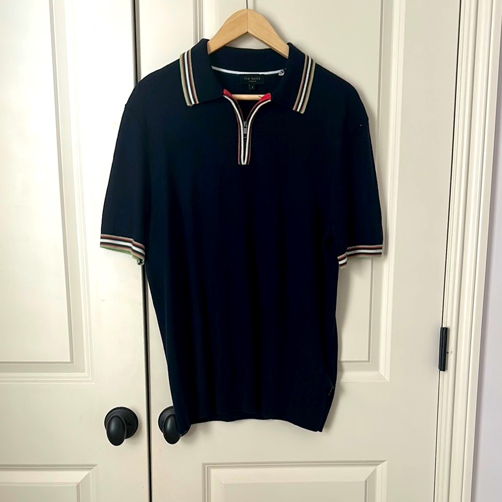 TED BAKER dark navy blue Polo Shirt with Striped Trim for Smart Casual Occasions